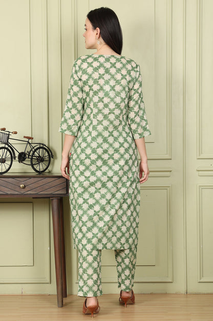 W for Woman Olive Green Floral Printed Cotton Blend Straight Kurta And Pants Co-Ord Set