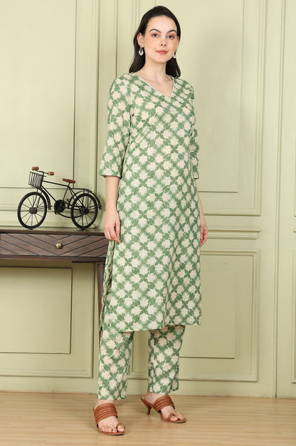 W for Woman Olive Green Floral Printed Cotton Blend Straight Kurta And Pants Co-Ord Set