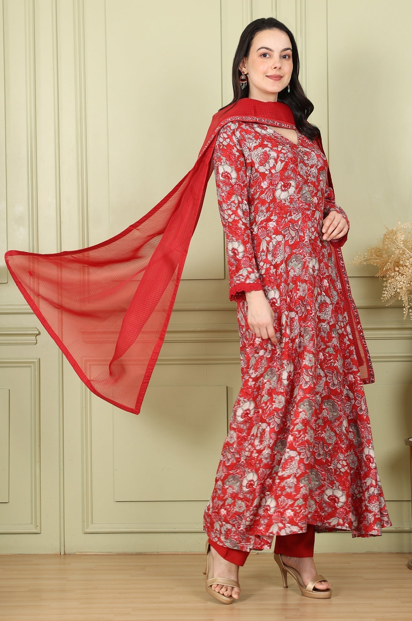 W for Woman Red Floral Printed Flared Anarkali Kurta, Straight Pants And Dupatta Set