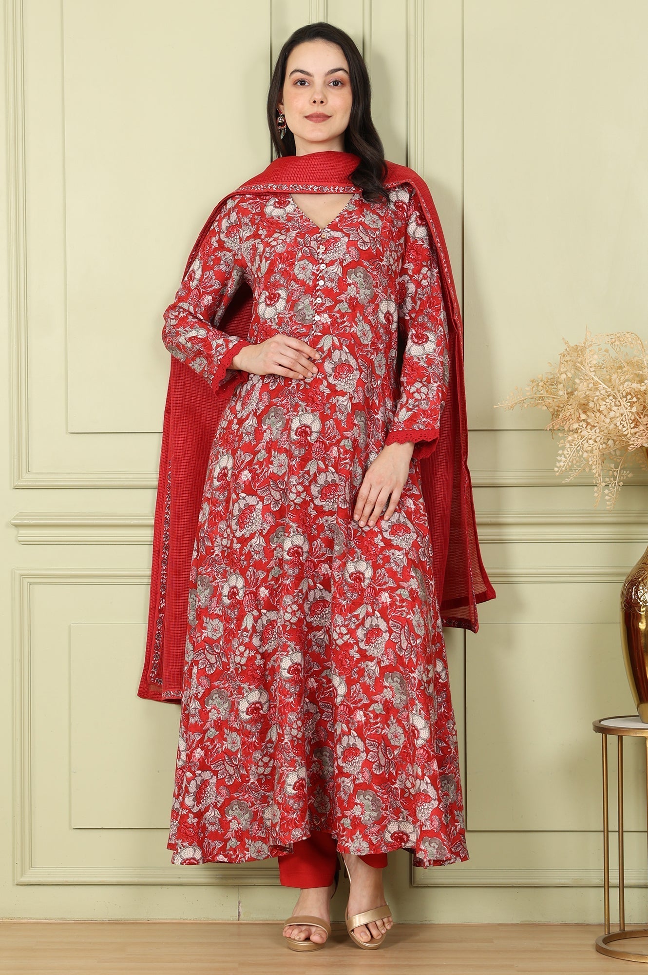 W for Woman Red Floral Printed Flared Anarkali Kurta, Straight Pants And Dupatta Set