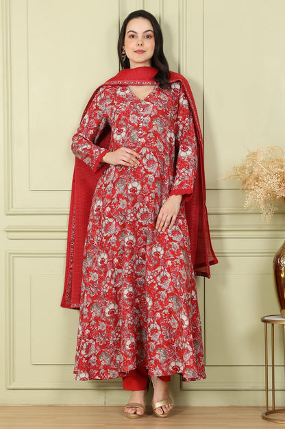 W for Woman Red Floral Printed Flared Anarkali Kurta, Straight Pants And Dupatta Set