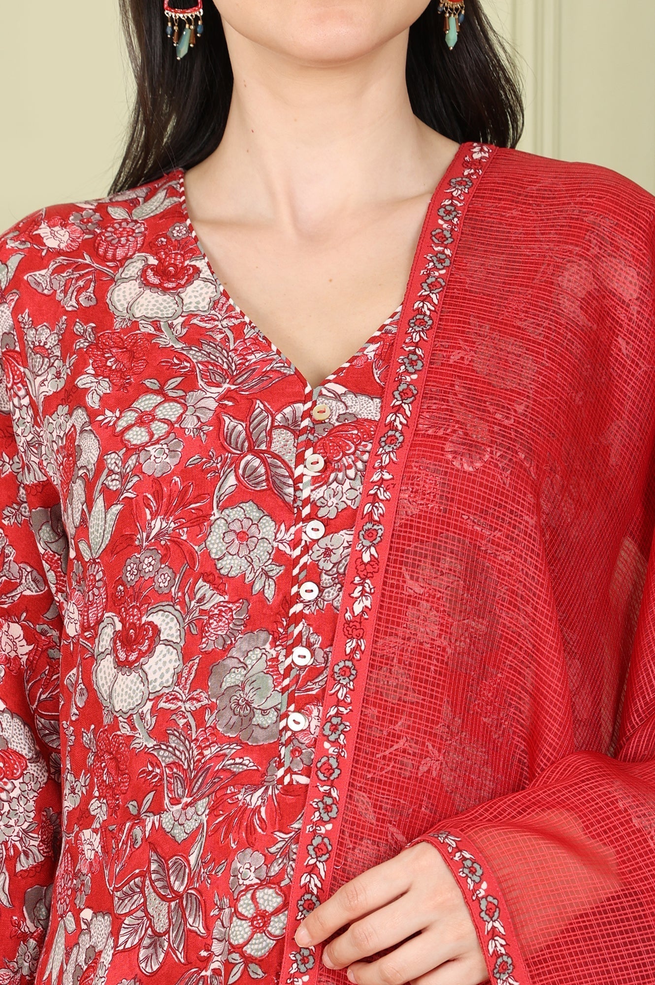 W for Woman Red Floral Printed Flared Anarkali Kurta, Straight Pants And Dupatta Set