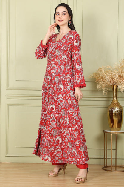 W for Woman Red Floral Printed Flared Anarkali Kurta, Straight Pants And Dupatta Set