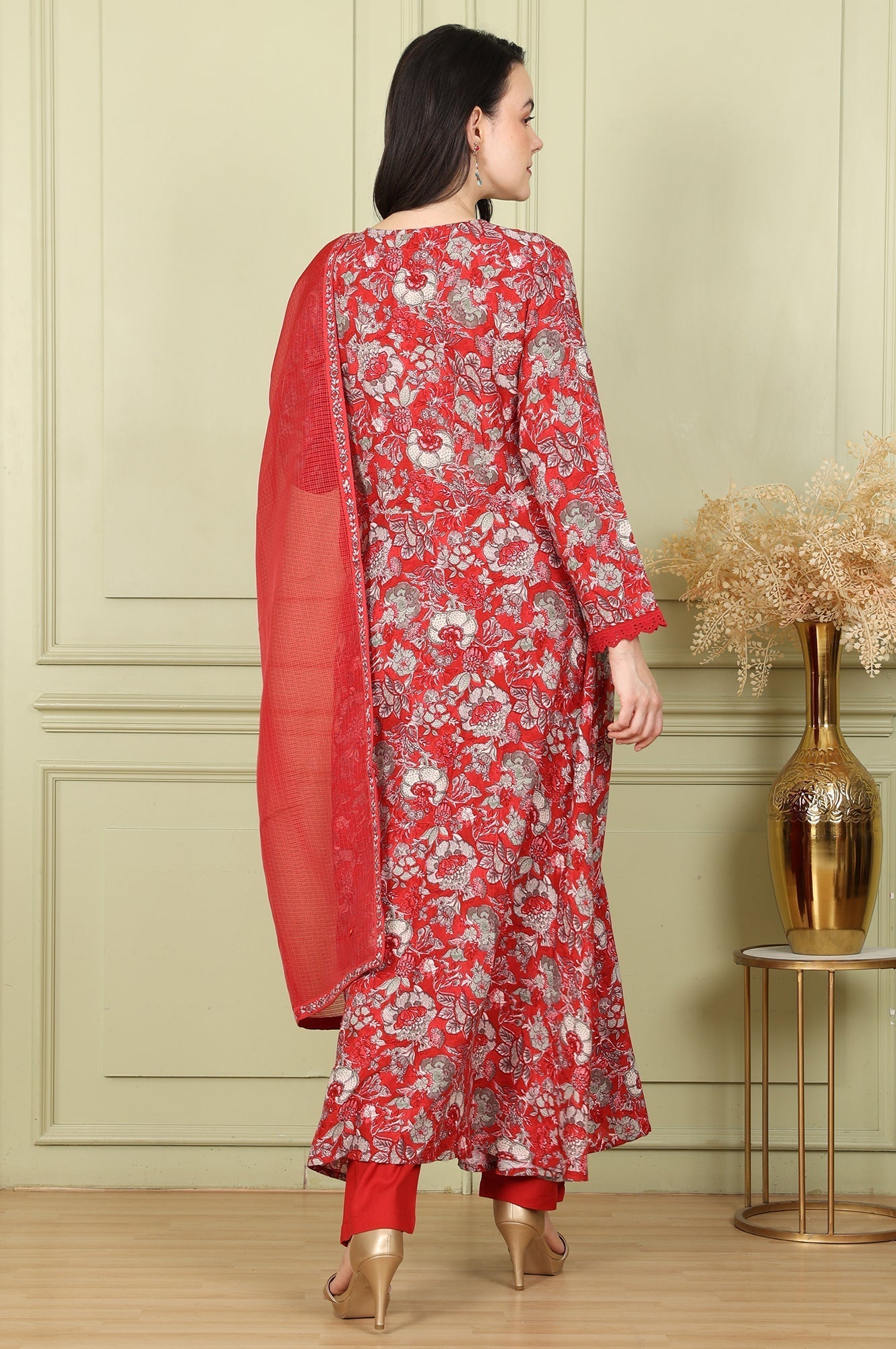 W for Woman Red Floral Printed Flared Anarkali Kurta, Straight Pants And Dupatta Set