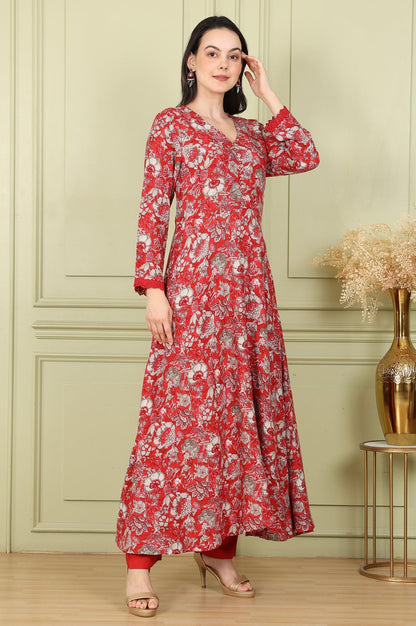 W for Woman Red Floral Printed Flared Anarkali Kurta, Straight Pants And Dupatta Set