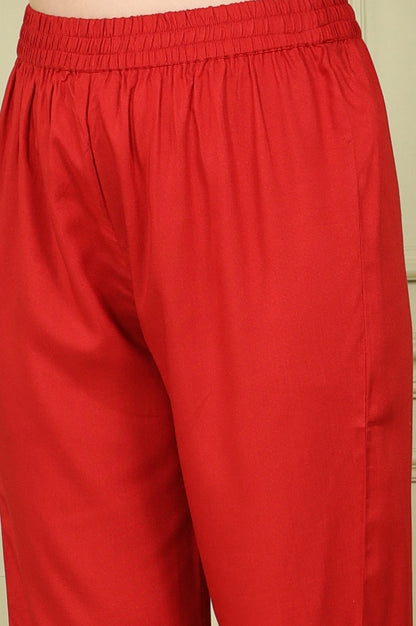 W for Woman Red Floral Printed Flared Anarkali Kurta, Straight Pants And Dupatta Set