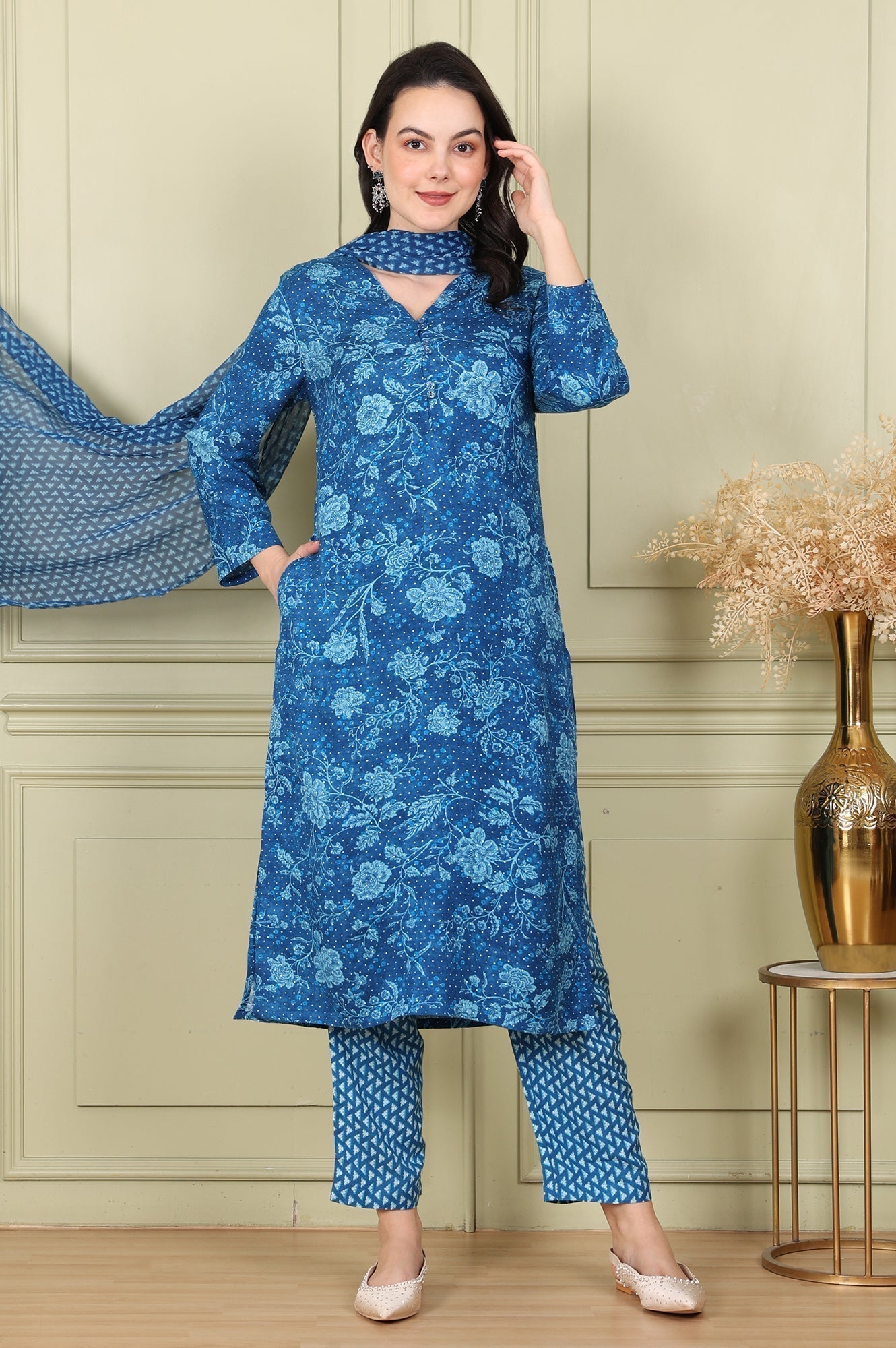 W for Woman Ink Blue V-Neck Rayon Flax Straight Kurta, Printed Straight Pants Set With Dupatta