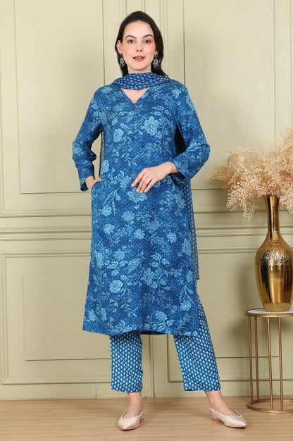 W for Woman Ink Blue V-Neck Rayon Flax Straight Kurta, Printed Straight Pants Set With Dupatta
