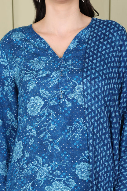 W for Woman Ink Blue V-Neck Rayon Flax Straight Kurta, Printed Straight Pants Set With Dupatta