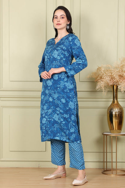 W for Woman Ink Blue V-Neck Rayon Flax Straight Kurta, Printed Straight Pants Set With Dupatta