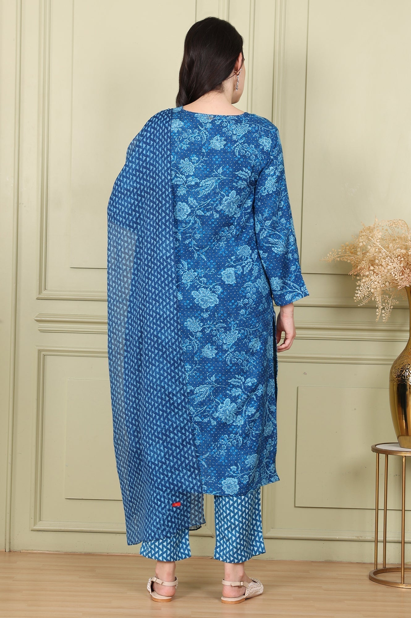 W for Woman Ink Blue V-Neck Rayon Flax Straight Kurta, Printed Straight Pants Set With Dupatta
