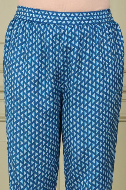 W for Woman Ink Blue V-Neck Rayon Flax Straight Kurta, Printed Straight Pants Set With Dupatta