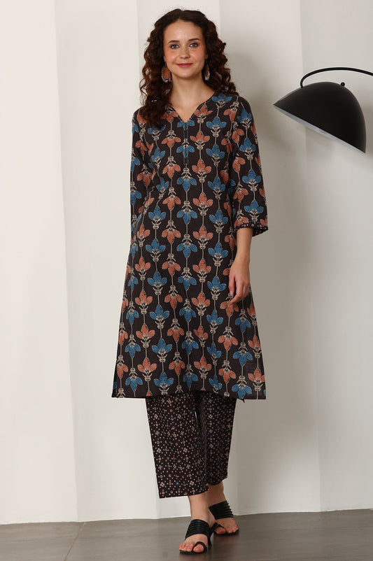 W for Woman Black Floral Printed Pure Cotton Kurta And Pants Co-Ord Set