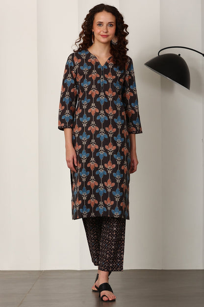 W for Woman Black Floral Printed Pure Cotton Kurta And Pants Co-Ord Set