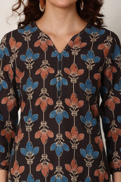 W for Woman Black Floral Printed Pure Cotton Kurta And Pants Co-Ord Set