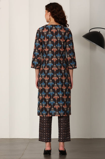 W for Woman Black Floral Printed Pure Cotton Kurta And Pants Co-Ord Set
