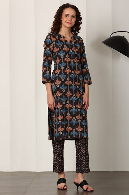 W for Woman Black Floral Printed Pure Cotton Kurta And Pants Co-Ord Set