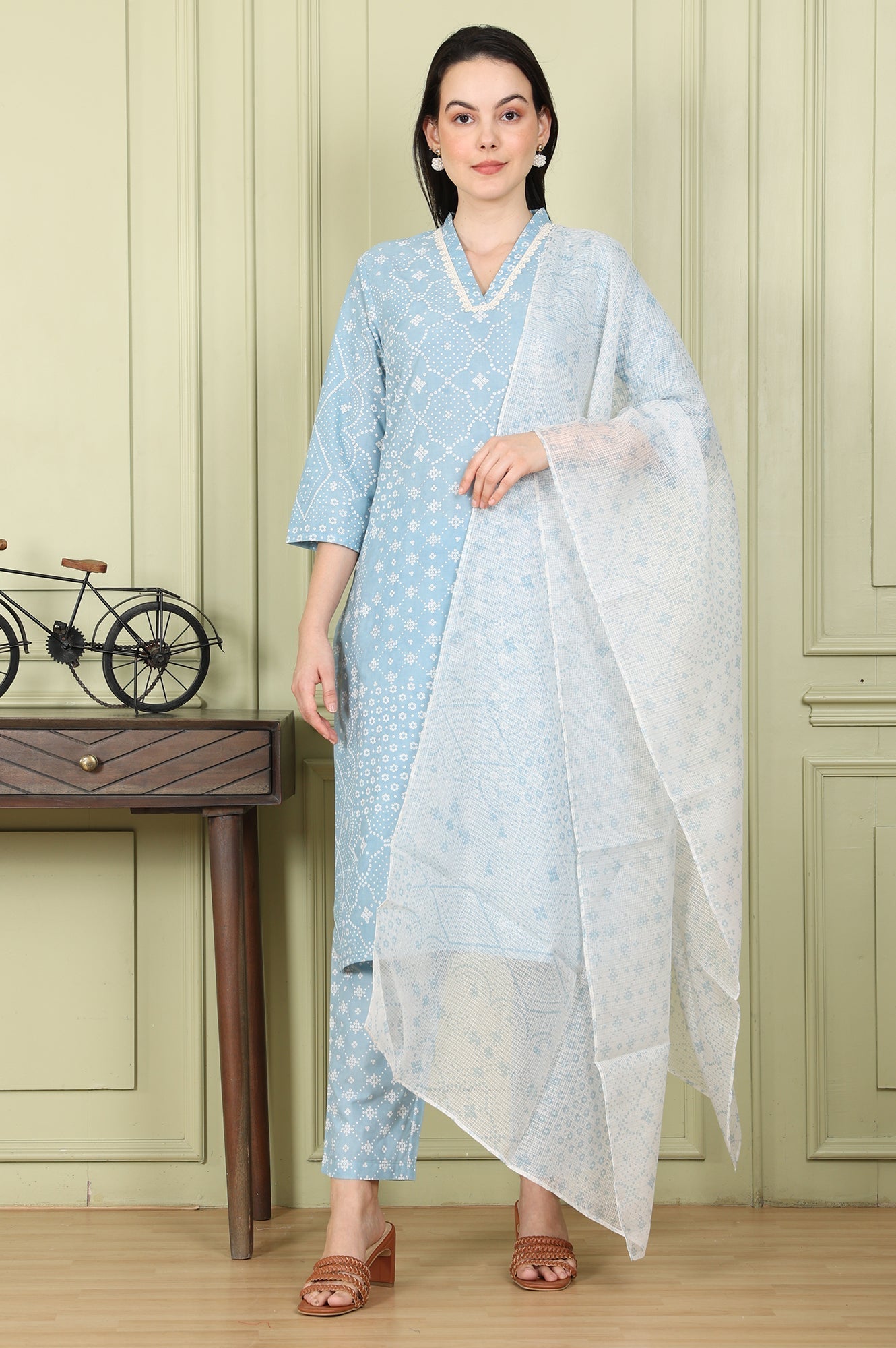 W for Woman Powder Blue Geometric Printed Pure Cotton Straight Kurta, Pants And Dupatta Set