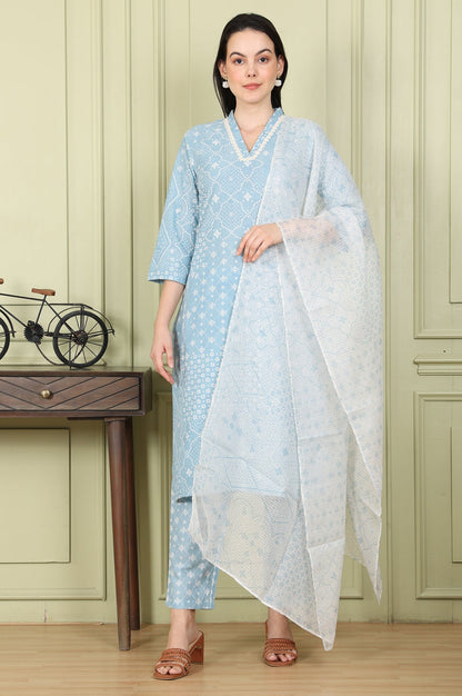 W for Woman Powder Blue Geometric Printed Pure Cotton Straight Kurta, Pants And Dupatta Set
