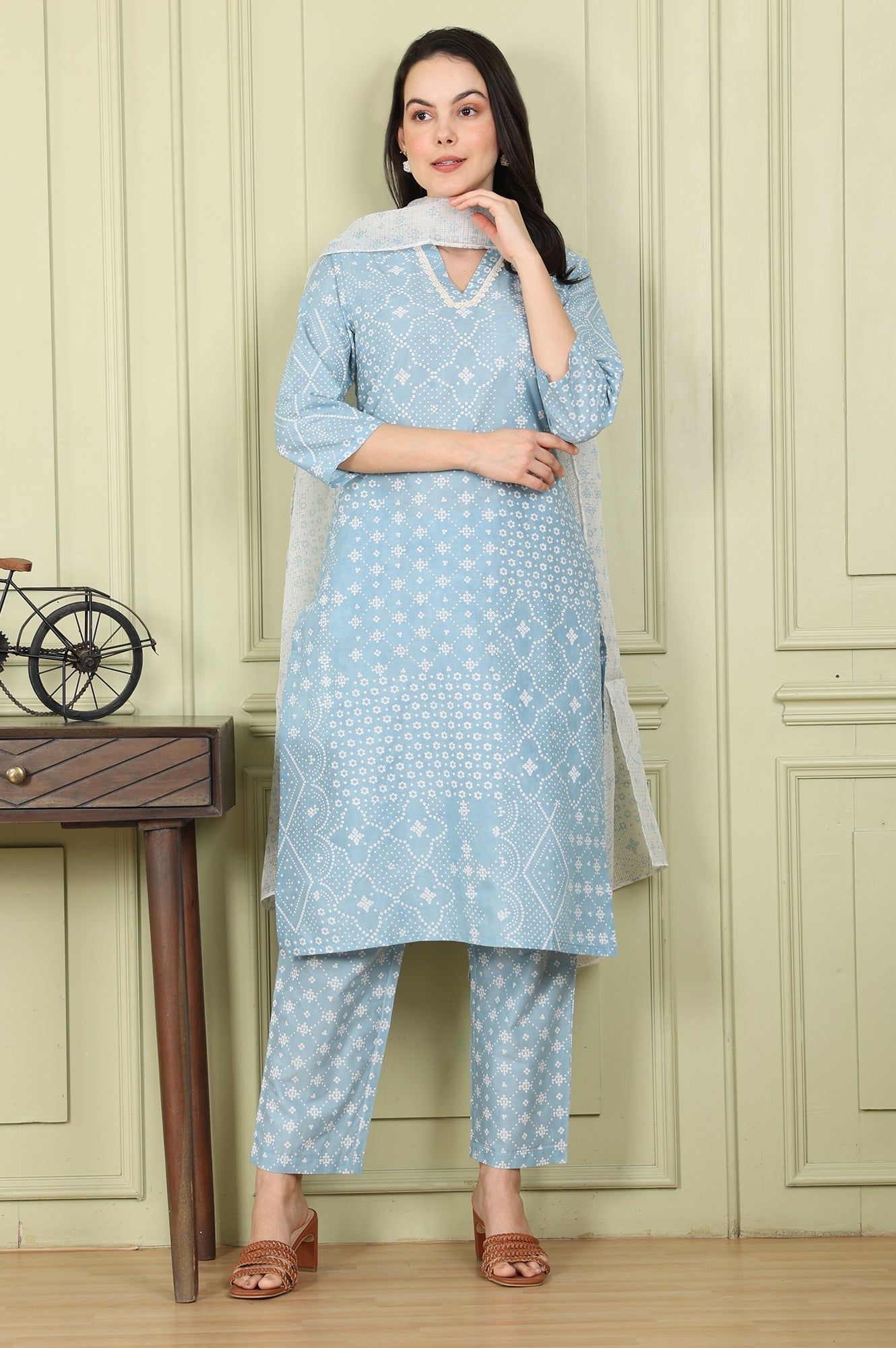W for Woman Powder Blue Geometric Printed Pure Cotton Straight Kurta, Pants And Dupatta Set