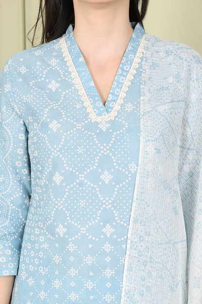W for Woman Powder Blue Geometric Printed Pure Cotton Straight Kurta, Pants And Dupatta Set