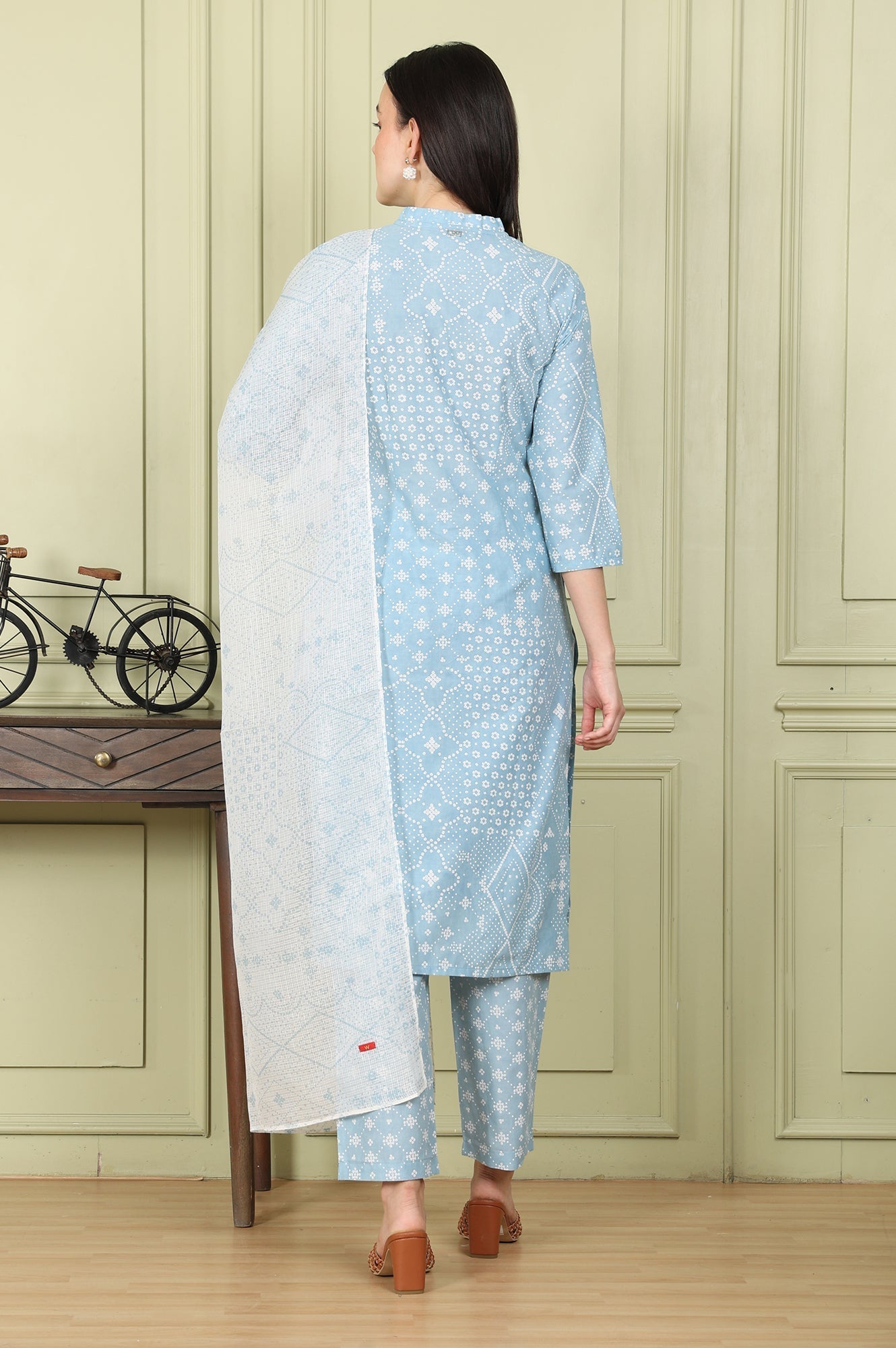 W for Woman Powder Blue Geometric Printed Pure Cotton Straight Kurta, Pants And Dupatta Set