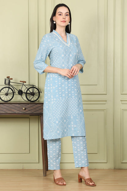 W for Woman Powder Blue Geometric Printed Pure Cotton Straight Kurta, Pants And Dupatta Set