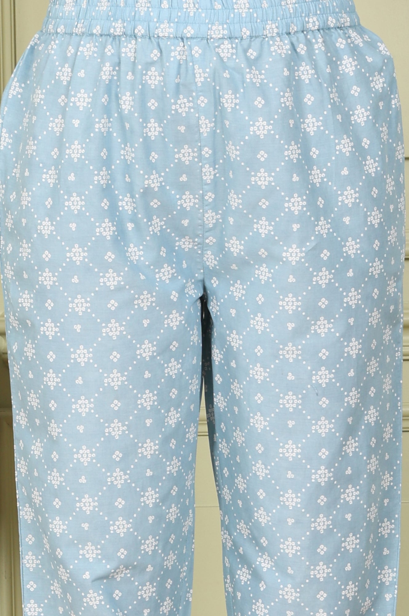 W for Woman Powder Blue Geometric Printed Pure Cotton Straight Kurta, Pants And Dupatta Set