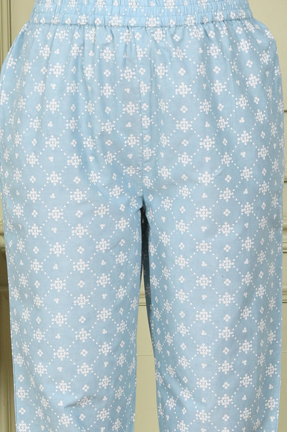 W for Woman Powder Blue Geometric Printed Pure Cotton Straight Kurta, Pants And Dupatta Set
