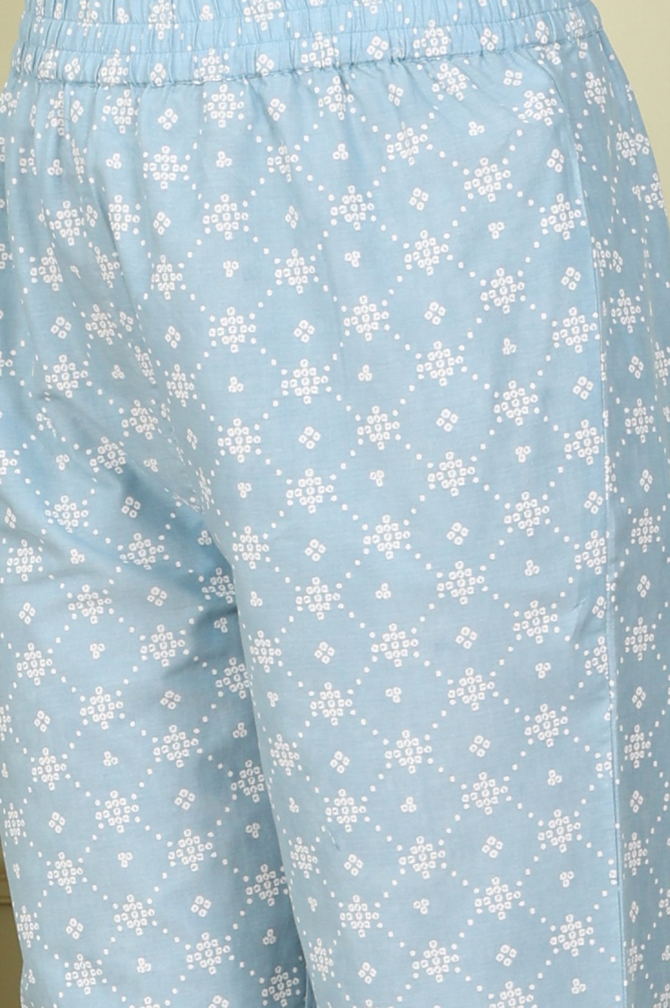 W for Woman Powder Blue Geometric Printed Pure Cotton Straight Kurta, Pants And Dupatta Set