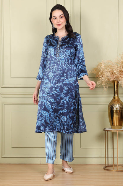 W for Woman Blue Floral Printed With Thread Work Japenese Satin Kurta And Pants Set