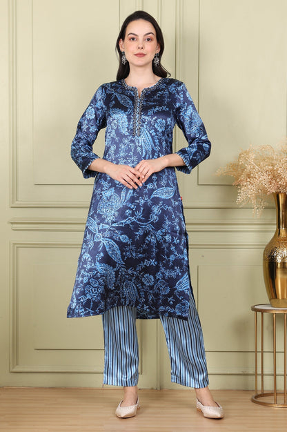 W for Woman Blue Floral Printed With Thread Work Japenese Satin Kurta And Pants Set