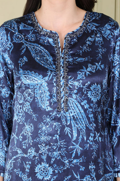 W for Woman Blue Floral Printed With Thread Work Japenese Satin Kurta And Pants Set