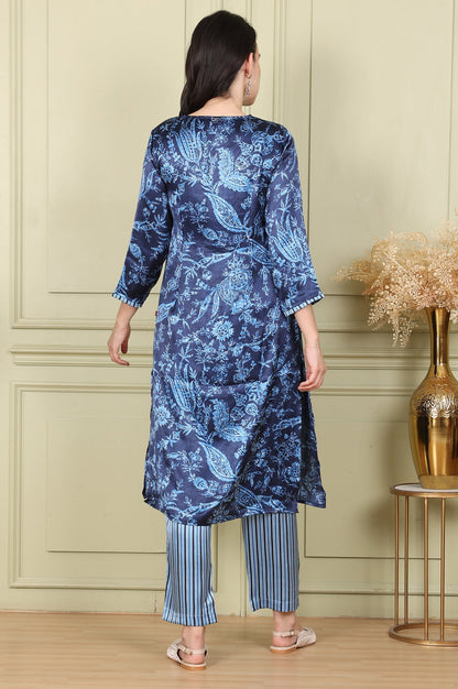 W for Woman Blue Floral Printed With Thread Work Japenese Satin Kurta And Pants Set