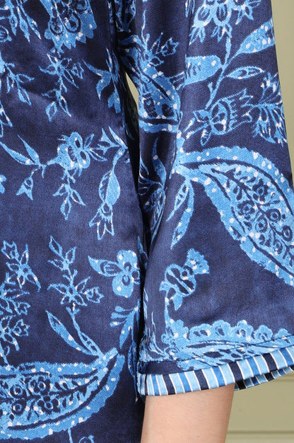 W for Woman Blue Floral Printed With Thread Work Japenese Satin Kurta And Pants Set
