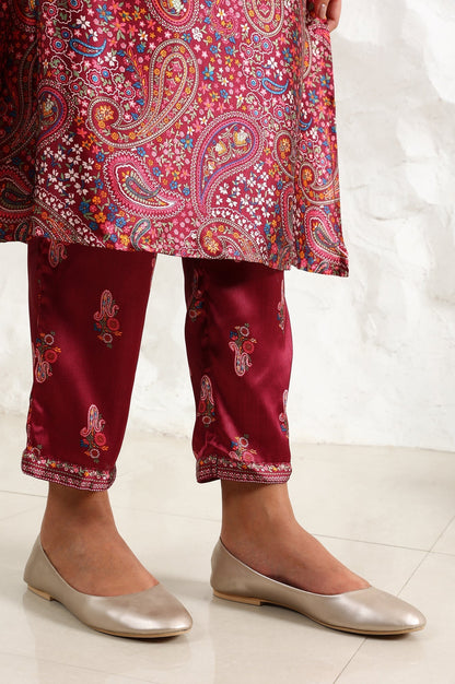 W for Woman Wine Paisley Printed Japanese Satin Embroidered Neck Kurta With Straight Pants With Dupatta