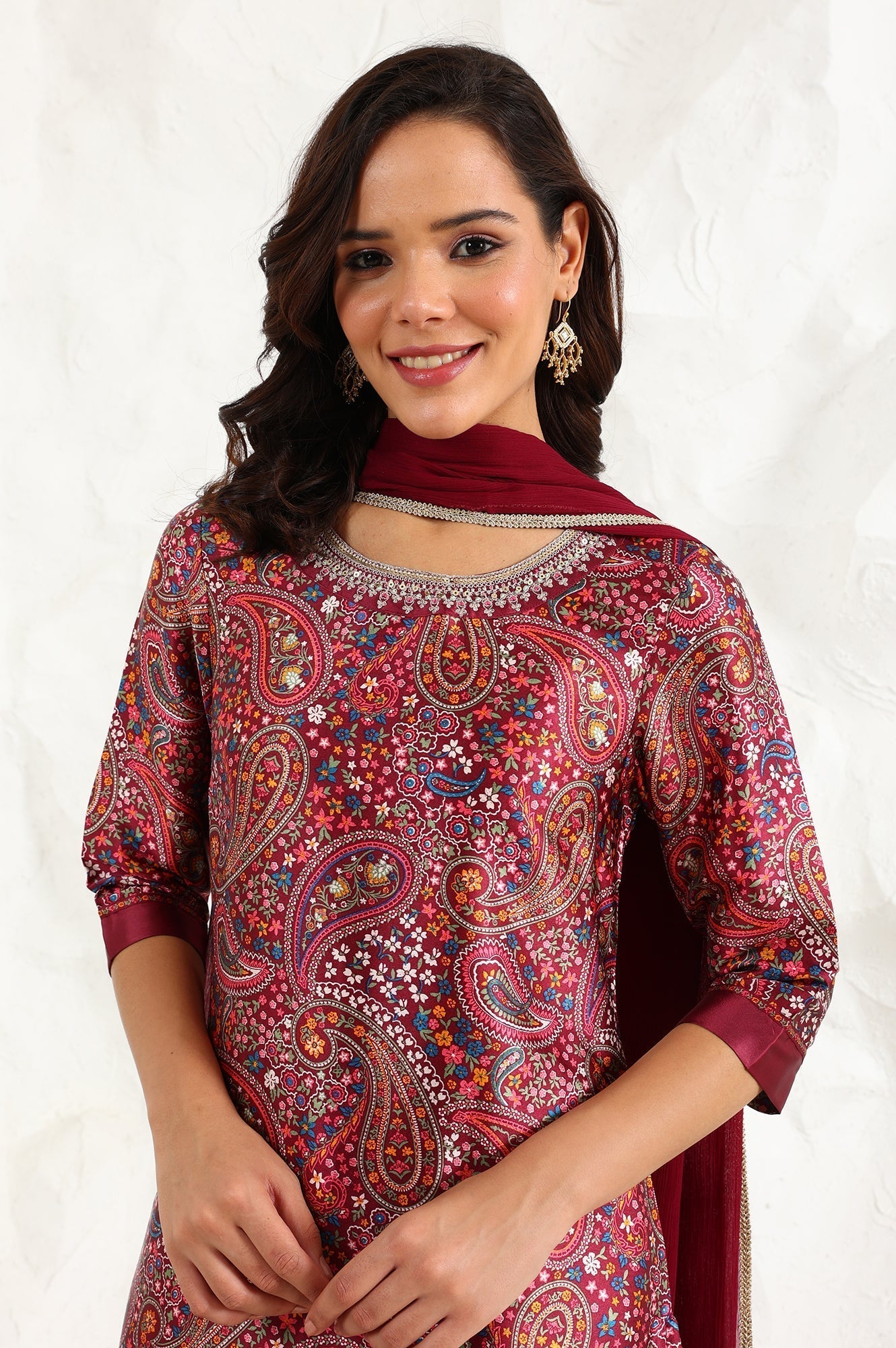 W for Woman Wine Paisley Printed Japanese Satin Embroidered Neck Kurta With Straight Pants With Dupatta