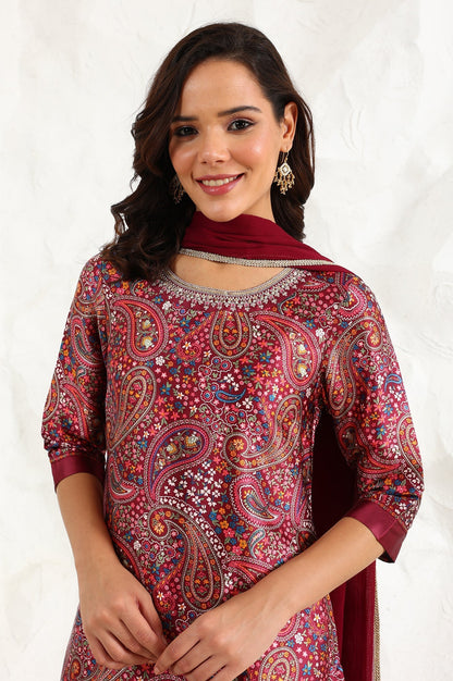 W for Woman Wine Paisley Printed Japanese Satin Embroidered Neck Kurta With Straight Pants With Dupatta