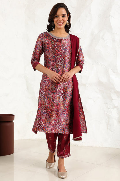 W for Woman Wine Paisley Printed Japanese Satin Embroidered Neck Kurta With Straight Pants With Dupatta