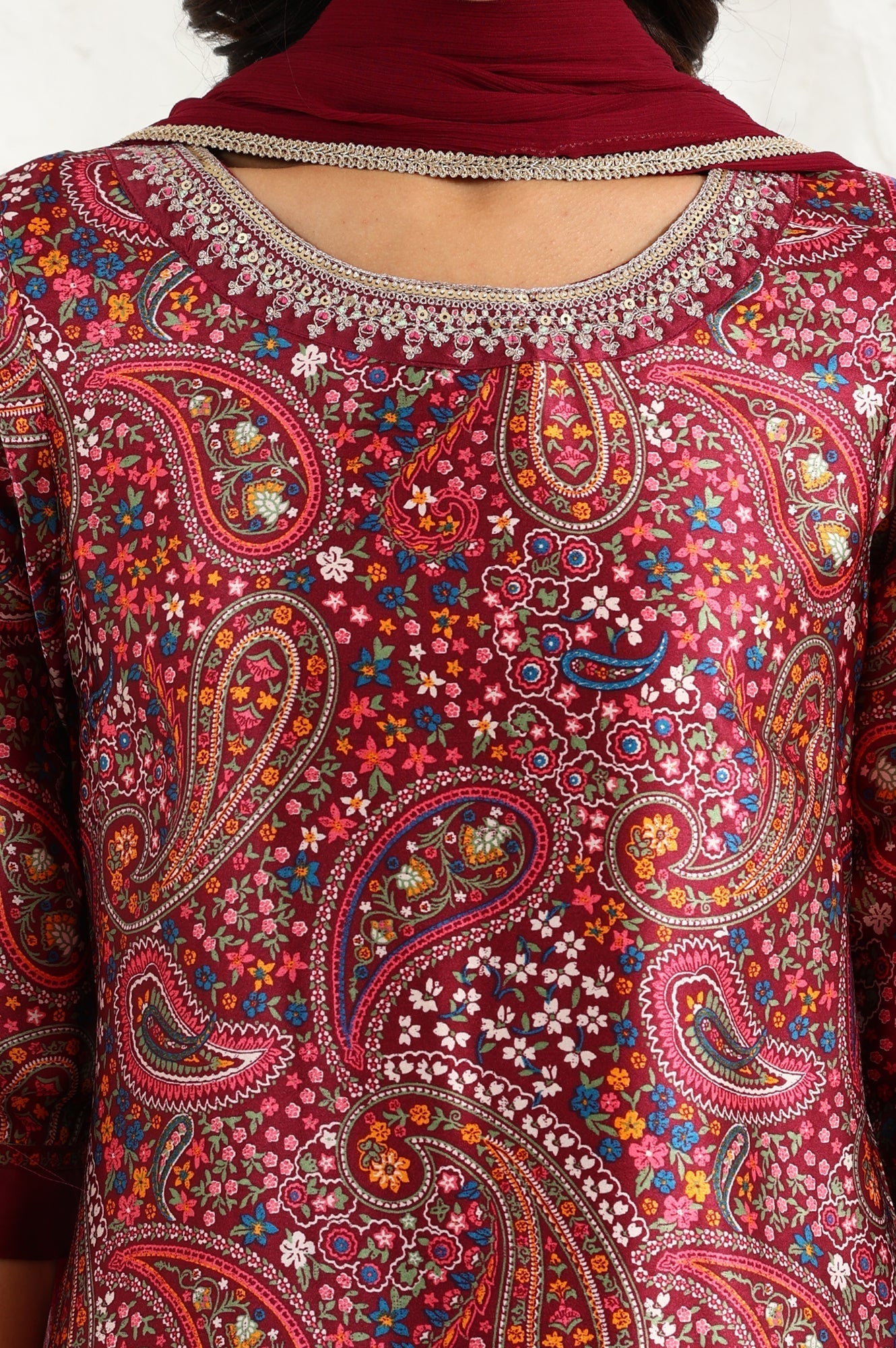 W for Woman Wine Paisley Printed Japanese Satin Embroidered Neck Kurta With Straight Pants With Dupatta