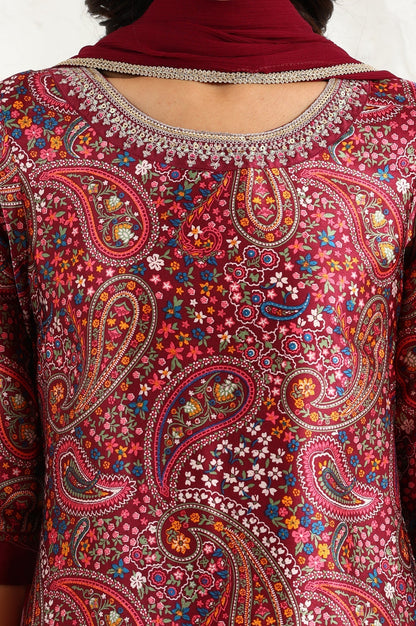 W for Woman Wine Paisley Printed Japanese Satin Embroidered Neck Kurta With Straight Pants With Dupatta