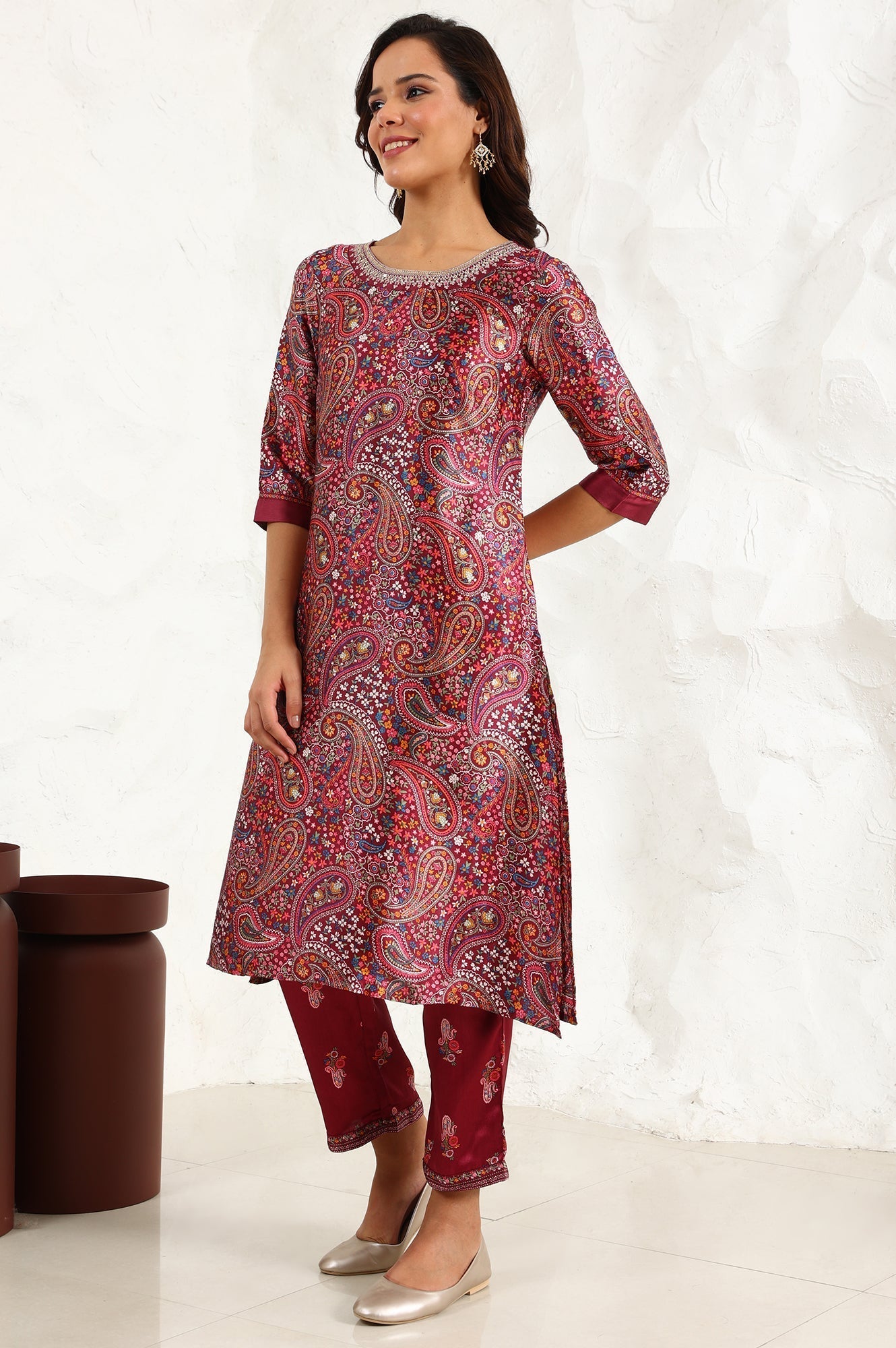 W for Woman Wine Paisley Printed Japanese Satin Embroidered Neck Kurta With Straight Pants With Dupatta