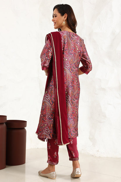 W for Woman Wine Paisley Printed Japanese Satin Embroidered Neck Kurta With Straight Pants With Dupatta