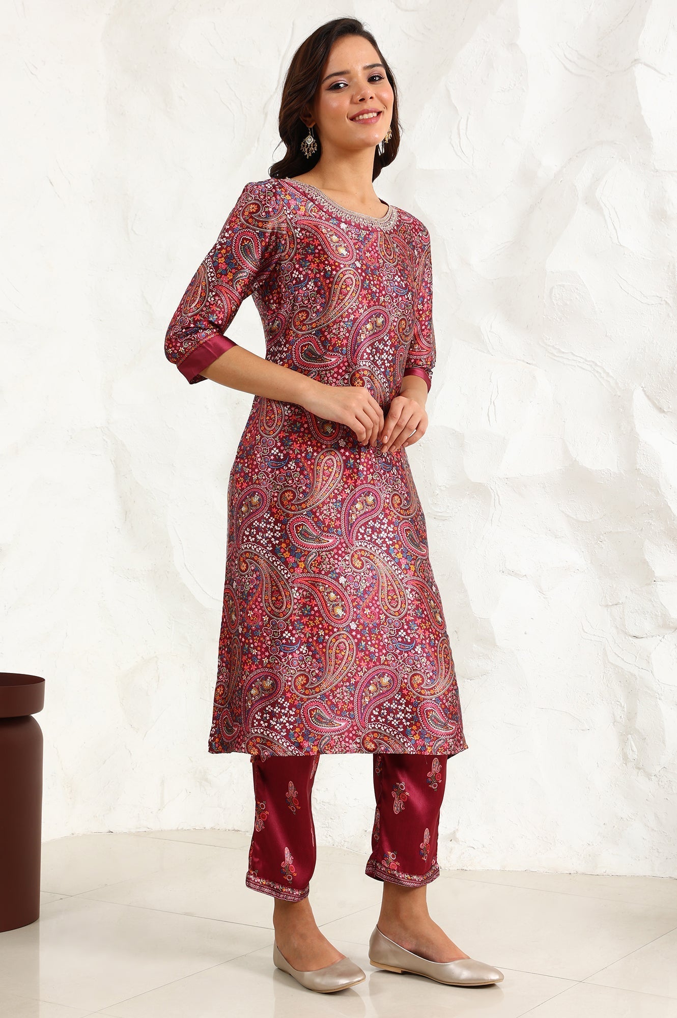 W for Woman Wine Paisley Printed Japanese Satin Embroidered Neck Kurta With Straight Pants With Dupatta