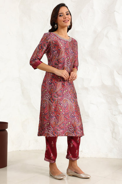 W for Woman Wine Paisley Printed Japanese Satin Embroidered Neck Kurta With Straight Pants With Dupatta