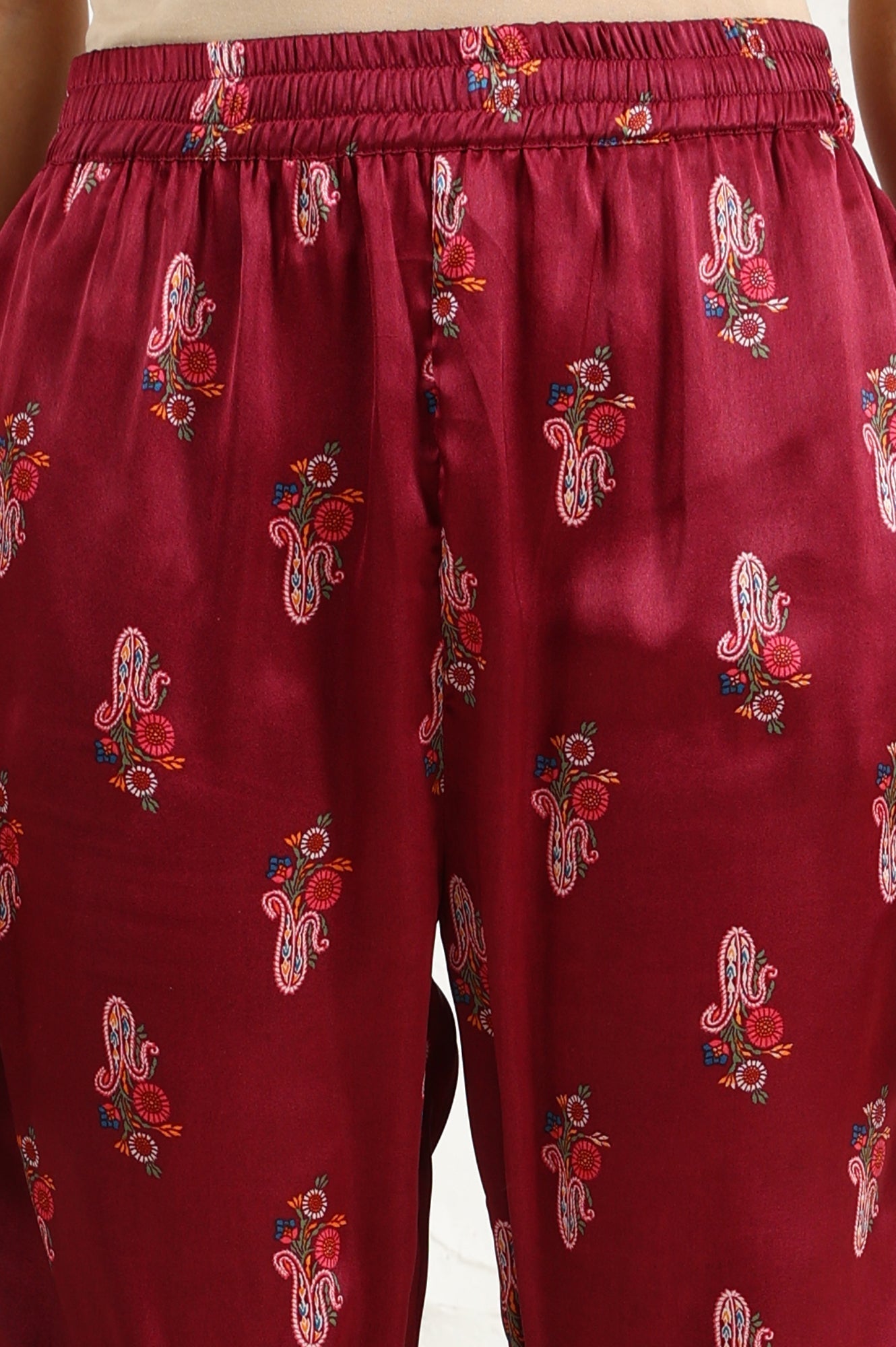 W for Woman Wine Paisley Printed Japanese Satin Embroidered Neck Kurta With Straight Pants With Dupatta