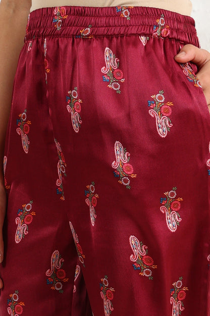 W for Woman Wine Paisley Printed Japanese Satin Embroidered Neck Kurta With Straight Pants With Dupatta