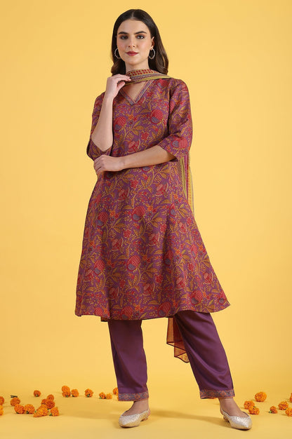 W for Woman Purple Printed Flarred A-Line Kurta & Straight pant with Dupatta Set