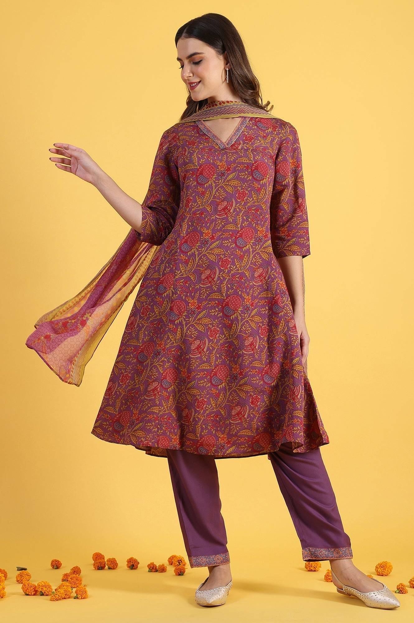 W for Woman Purple Printed Flarred A-Line Kurta & Straight pant with Dupatta Set