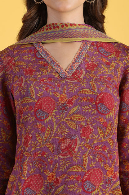 W for Woman Purple Printed Flarred A-Line Kurta & Straight pant with Dupatta Set